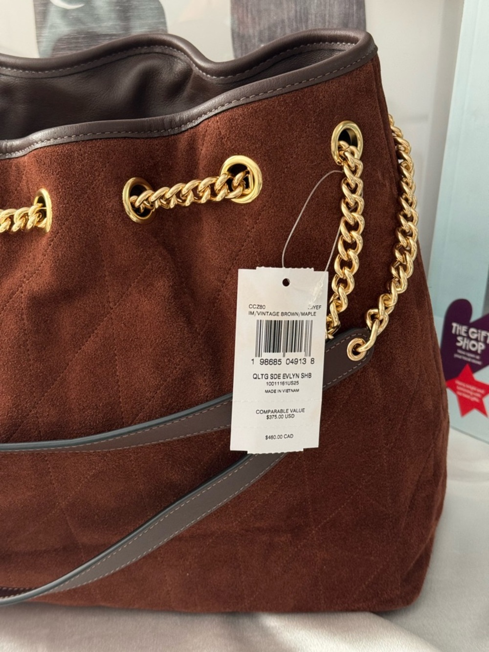 COACH CCZ80 Evelyn Shoulder Bag with Quilting Suede Gold/Vintage Brown/ Mapl WNT - Picture 13 of 13